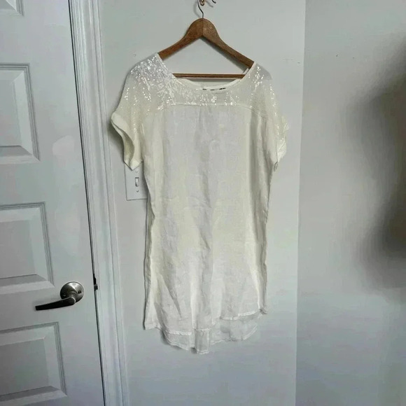 NWT ITALIAN LINEN DRESS WITH SEQUINS SHABBY CHIC COTTAGECORE COASTAL COWGIRL L - Picture 2 of 6
